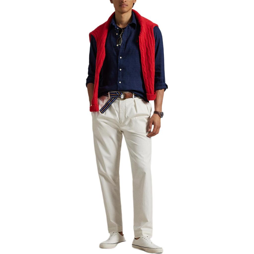 Polo Ralph Lauren Linen Solid Wide Collar Long Sleeve Shirt Classic Fit Men shirts Dark-Blue MNPOWOV16824374-410