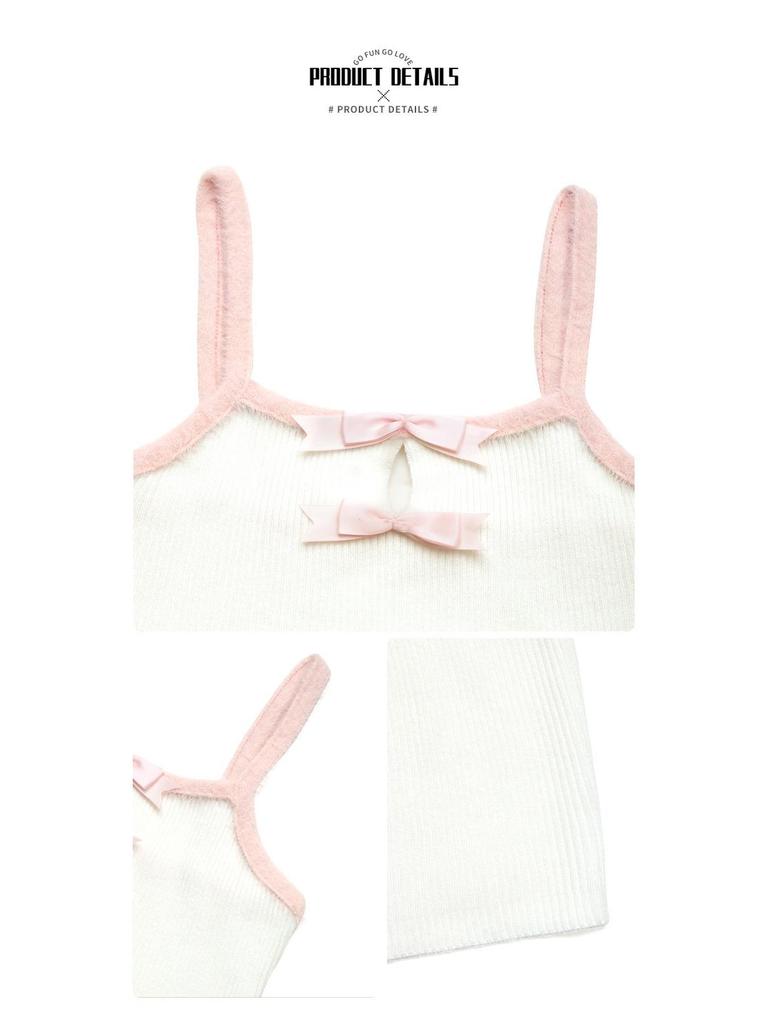 2026 Spicy Girl Sweet Style Sleeveless Bow Crop Top: Color Block Camisole with Hollow-Out Design