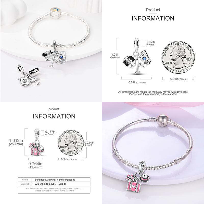 Copper Travel Suitcase Airplane Camera Pendant Fit Original Bracelet Charm Bead Necklace Diy Female Jewelry