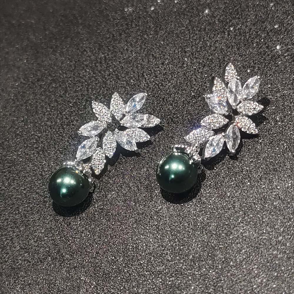 Silver Flower Zirconia Pearl Dangle Earrings for Women