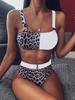 High-Waisted Leopard Print Patchwork Bikini - European and American Women's Two-Piece Swimwear