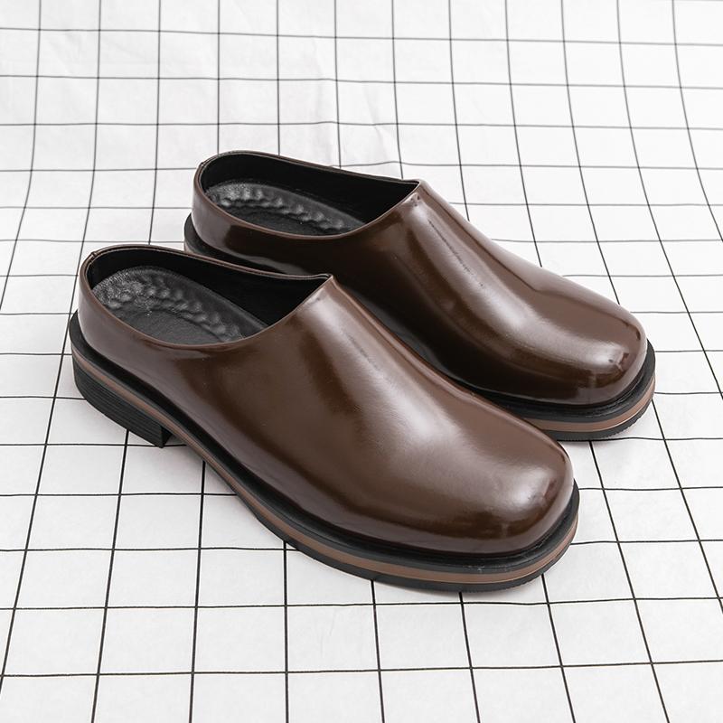 Leather Half Shoes for Men Mules Large Size Backless Loafers Slippers Semi-Drag Casual Shoes Outdoor Slides Sandal Slip On Flats