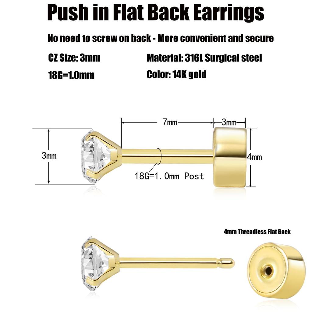 Cercei 14K Gold Plated Flat Back Earrings Hypoallergenic Earring Set Simple Studs