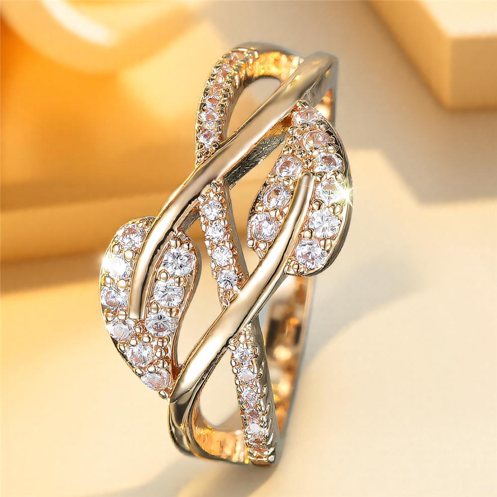 Cute Female White Zircon Stone Tree Leaf Ring Gold Color Engagement Charm Wedding  For Women