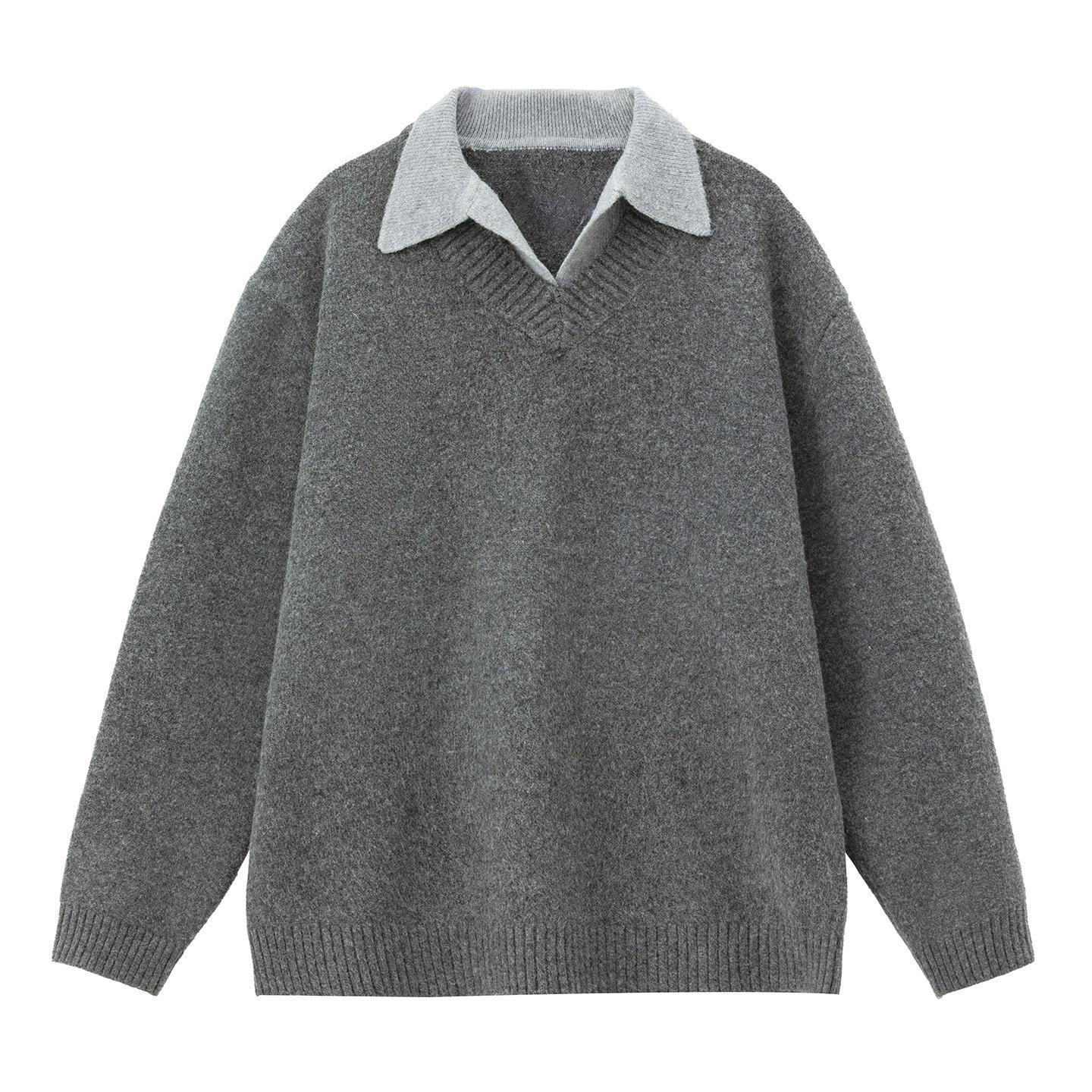 

Old Money Style Texture Fake Two-piece V-neck Sweater Men s Autumn and Winter Retro Lapel Polo Sweater Warm Jacket S сірий