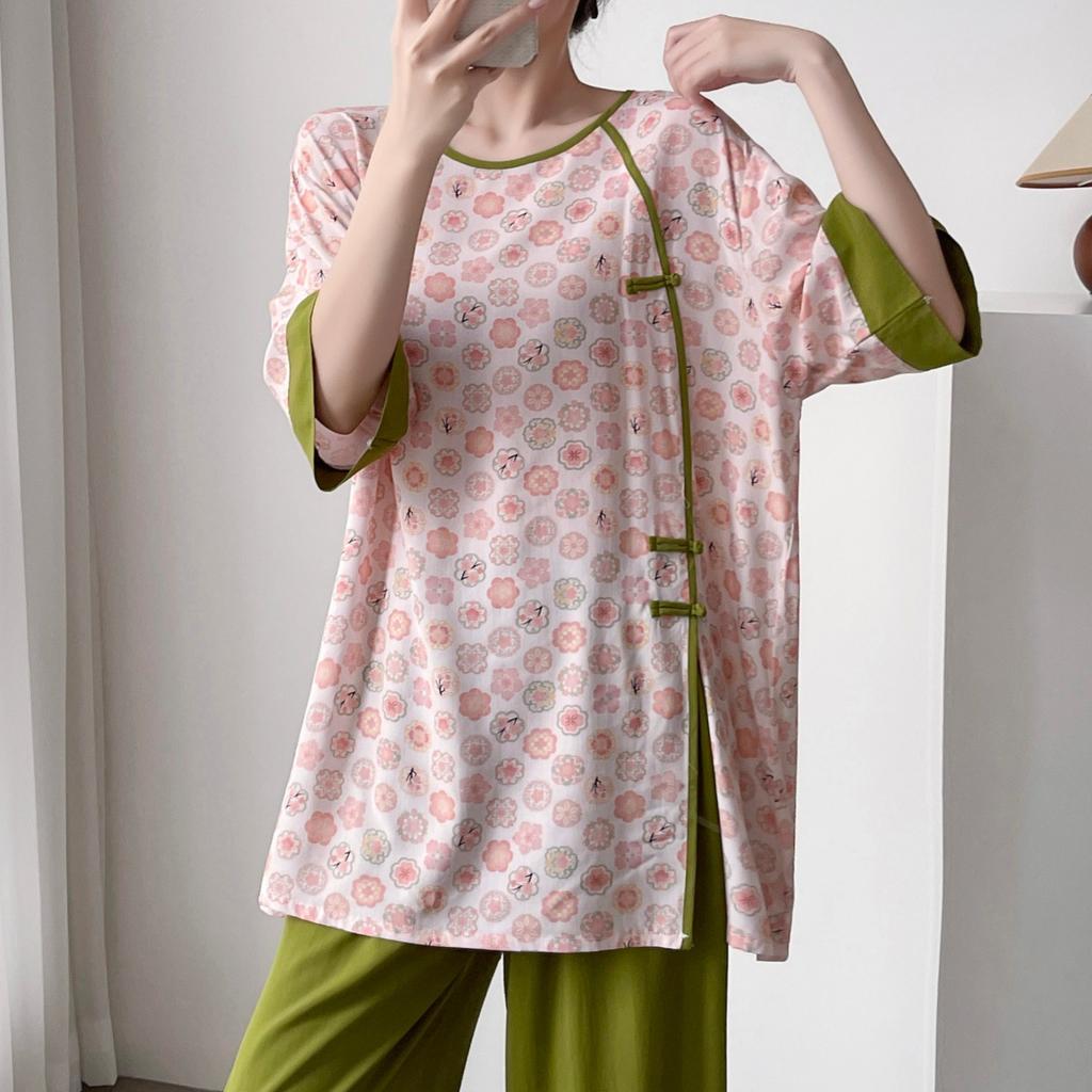 Hanfu pajamas women's spring summer new Chinese-style cotton and silk suit cotton silk medium-sleeved loose loungewear can be worn thin