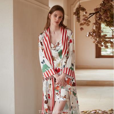 New Pajamas for Women, Autumn Ice Silk Long-sleeved Pajamas, Spring and Autumn Thin Printed Bathrobes