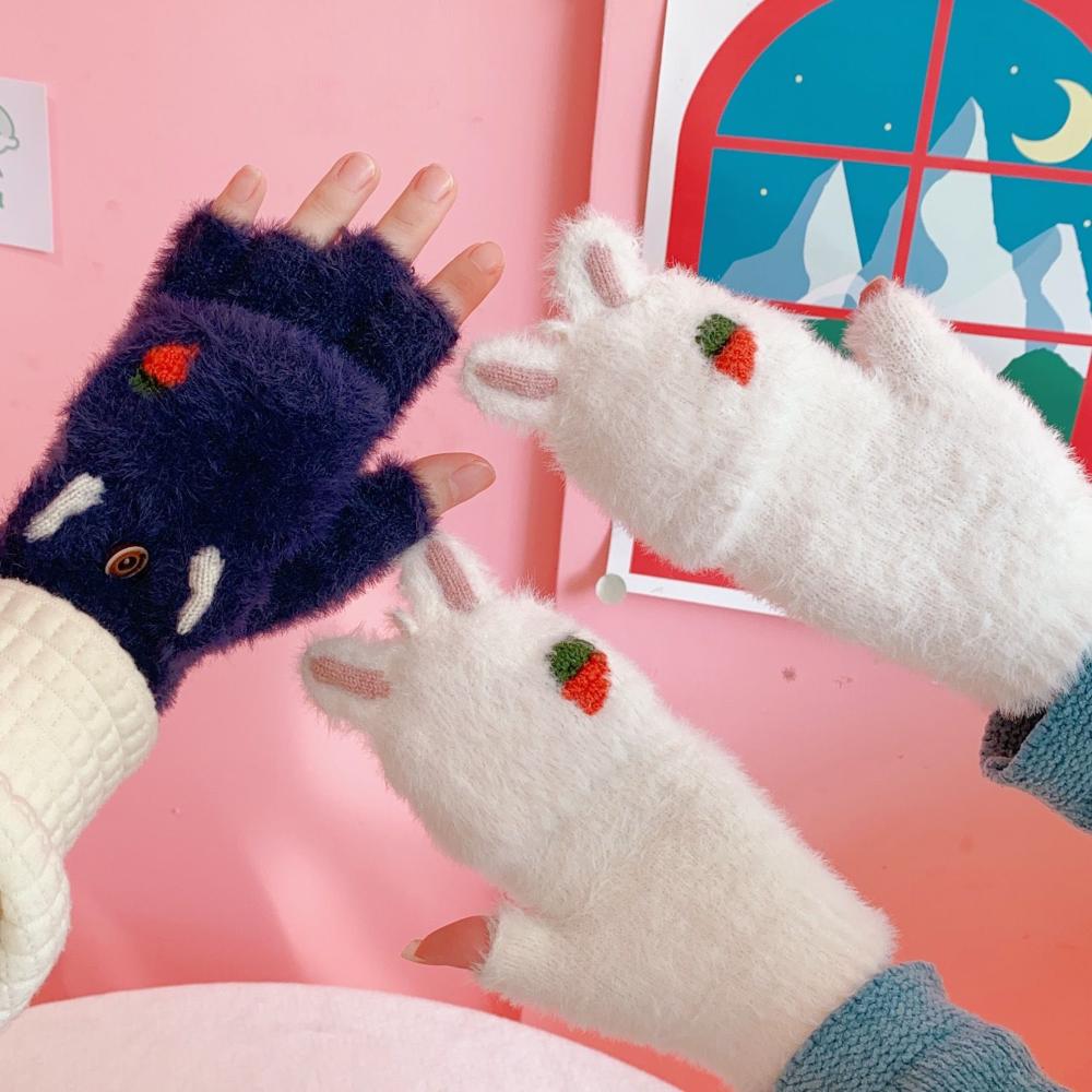 Cute Work For Girls Fingerless Plush Flip Korean Mittens Strawberry Half Finger Gloves Women Gloves