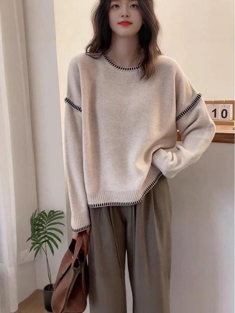 Korean Patchwork Color Block Wool Knit Sweater - Winter Loose Fit Pullover