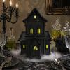 Centro de Mesa Estilo Gótico Casa de Pueblo Iluminada de Halloween Estatua con Luz LED Adorno de Mesa Figura Negra Espeluznante para Hogar Festivo