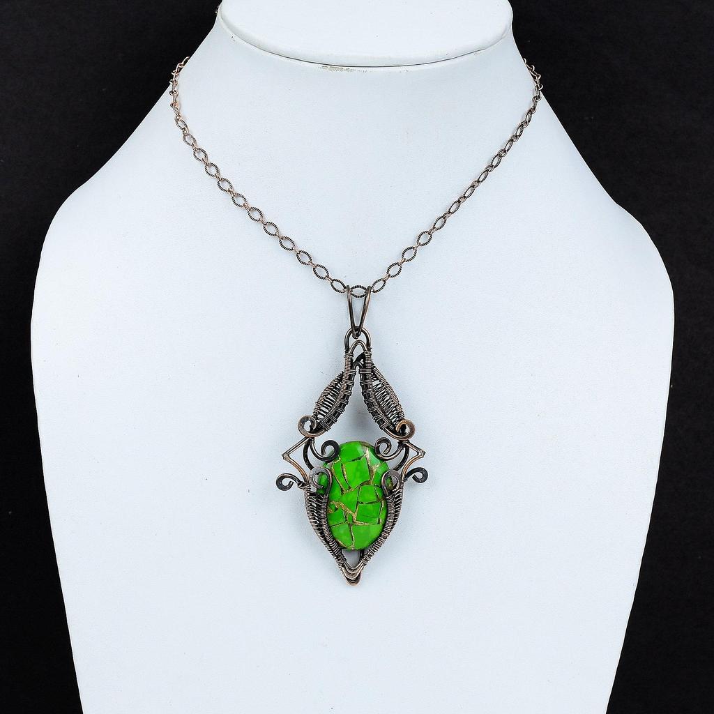 Copper Green Turquoise Pendant Copper Wire Wrapped Pendant Real Gemstone Pendant Copper Jewelry Pendant For Gift Handmade Wire Wrap Jewelry