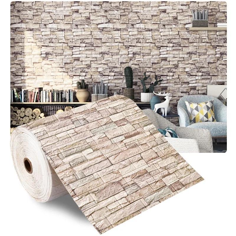 3D Self-Adhesive Wall Cover 70Cm*10M Continuous Water-Repellent Imitation Brick Wall Decals Wallcovering Living Room Home Decoration