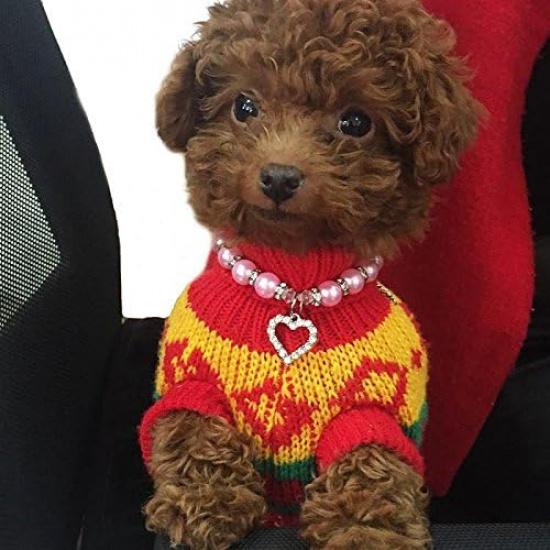 Hot Pink Pearl Dog Necklace, Beaded Cat Collar with Cute Crystal Heart Pendants Girl Dogs Necklace with Diamond Rhinestone for Puppy Small Medium