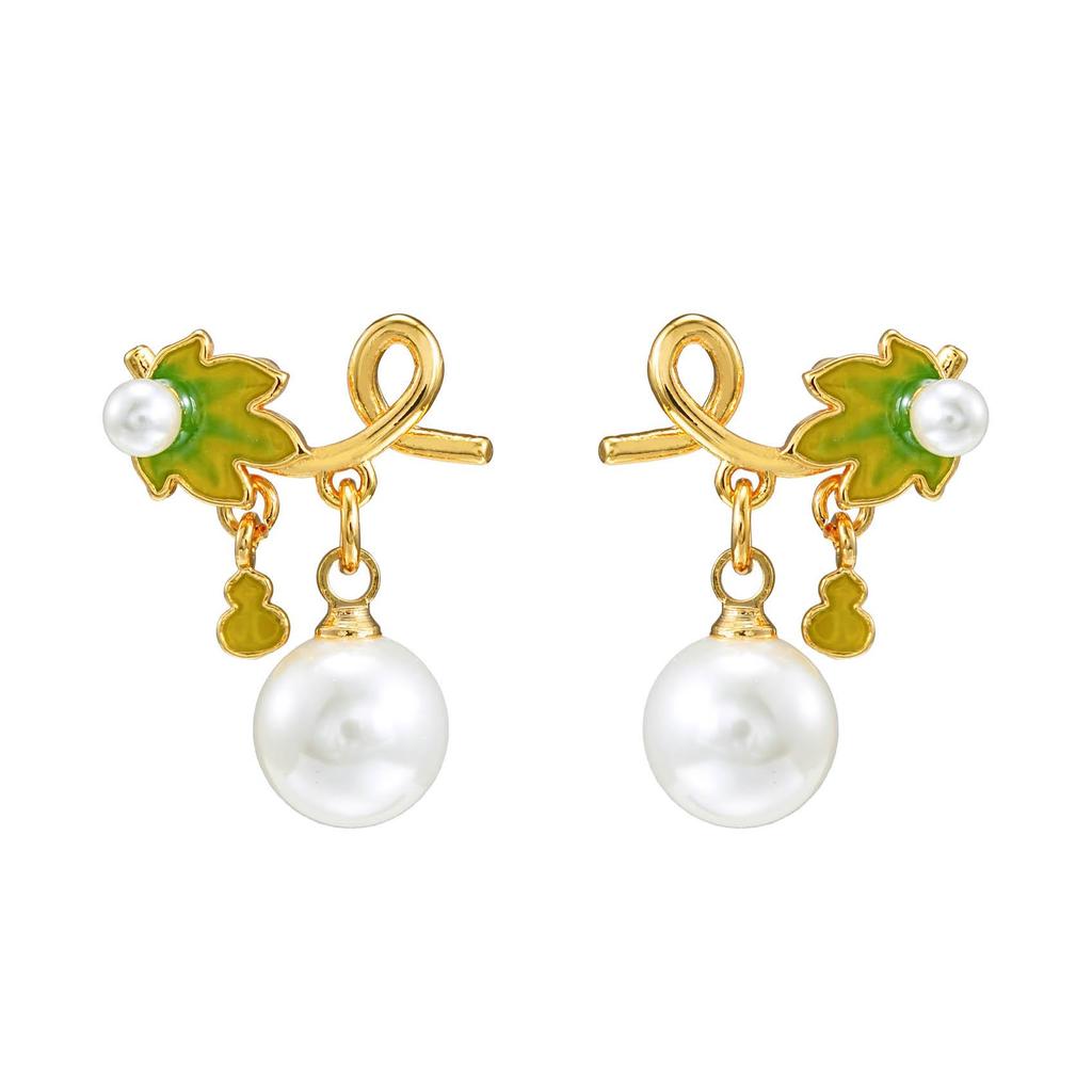 Exquisite Enamel Glazed Green Leaf & Gourd Pearl Earrings - Chinese Style Gift Ornament