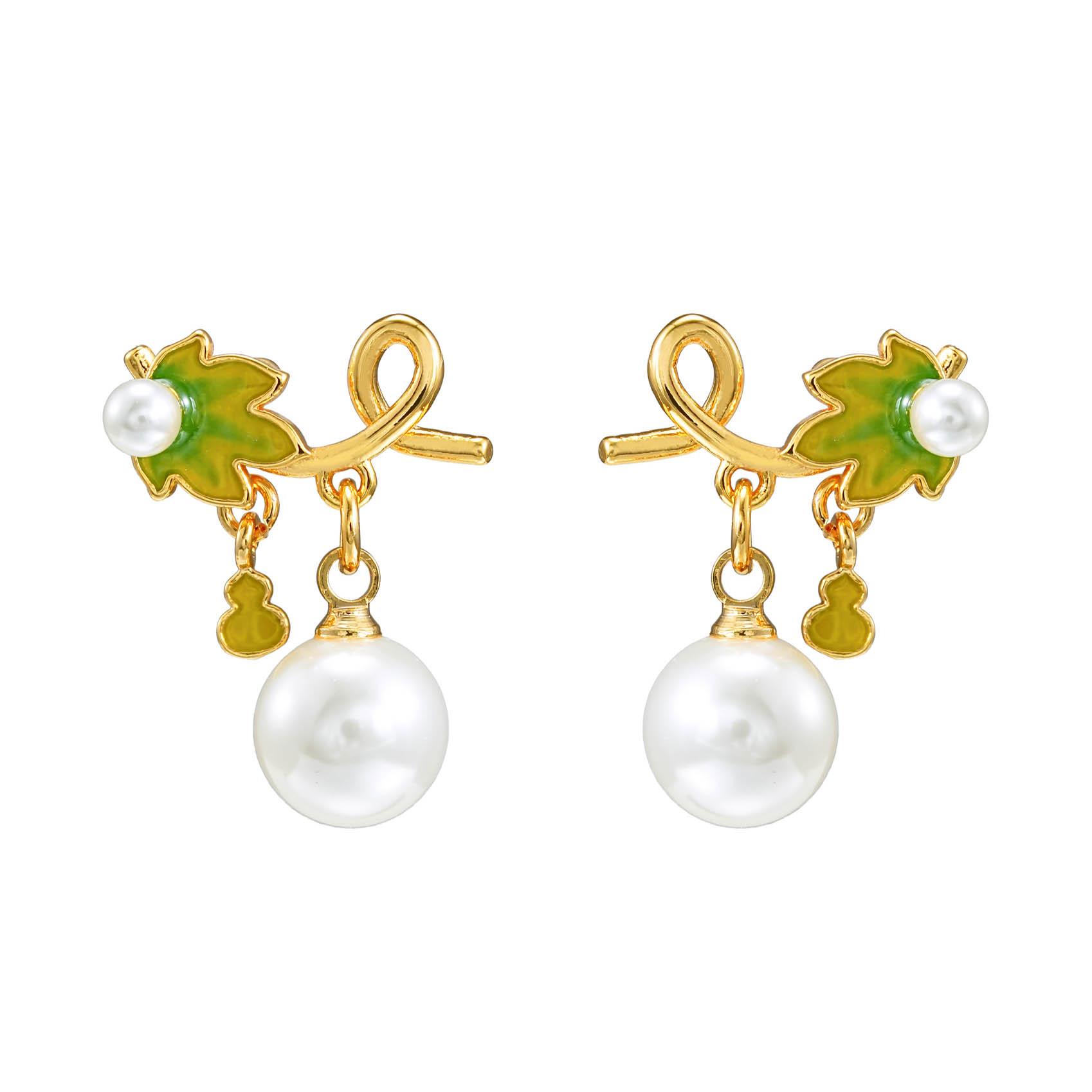 Exquisite Enamel Glazed Green Leaf & Gourd Pearl Earrings - Chinese Style Gift Ornament