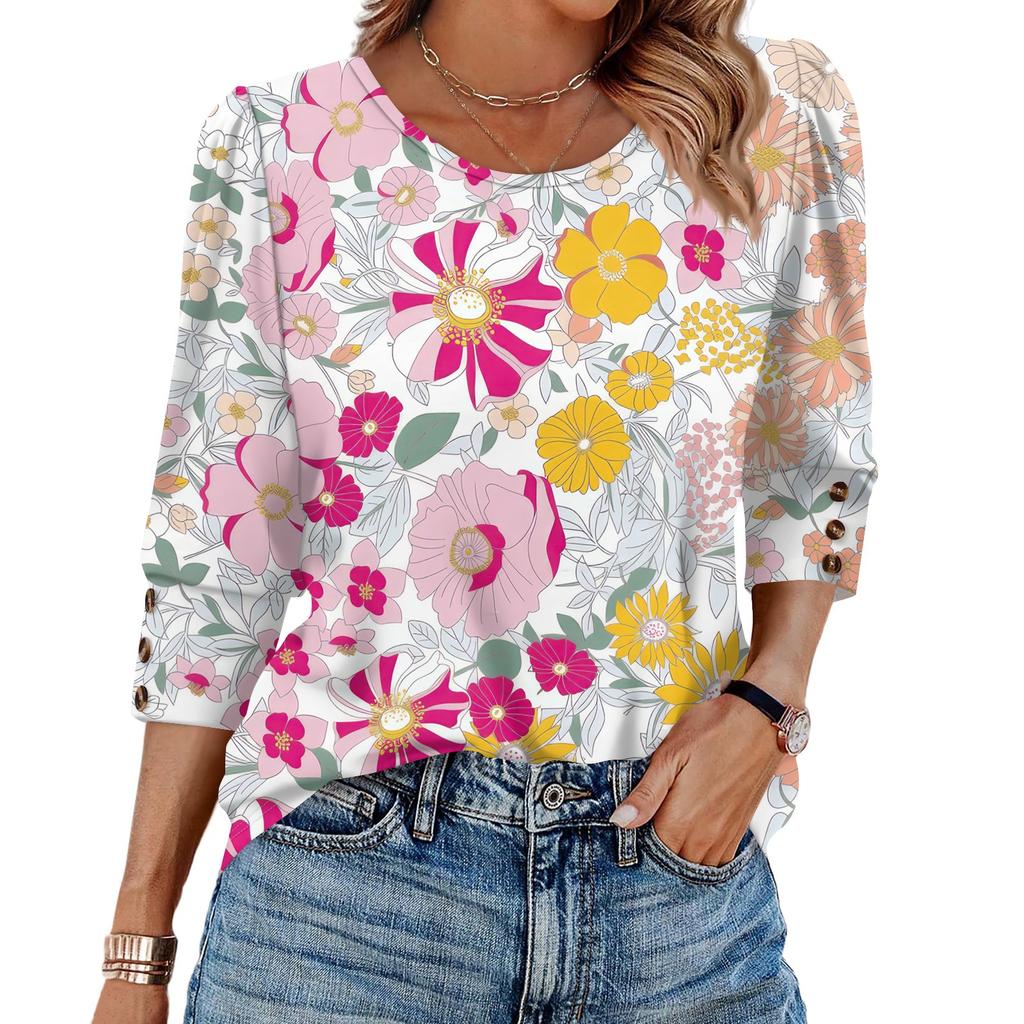 Womens Tops 3/4 Sleeve With Buttons Casual Blouses Summer Outfits Beach Vacation Clothes