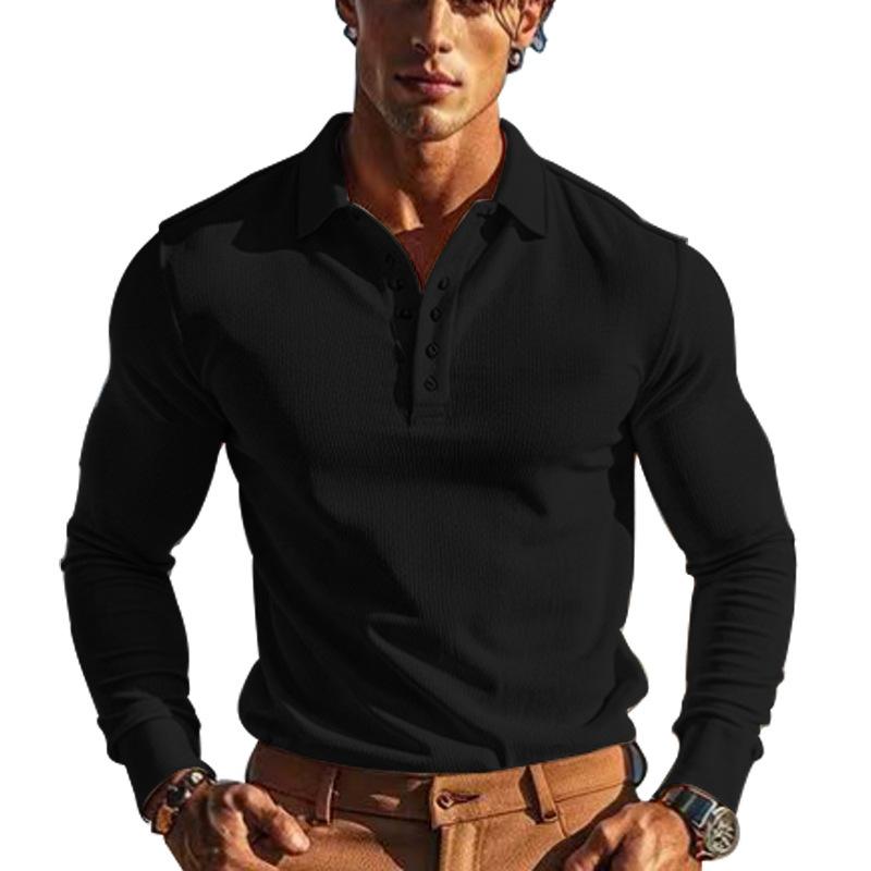 New Men's T-Shirt: Waffle Weave Casual Collared Button-Down Slim-Fit Long-Sleeved Polo Shirt