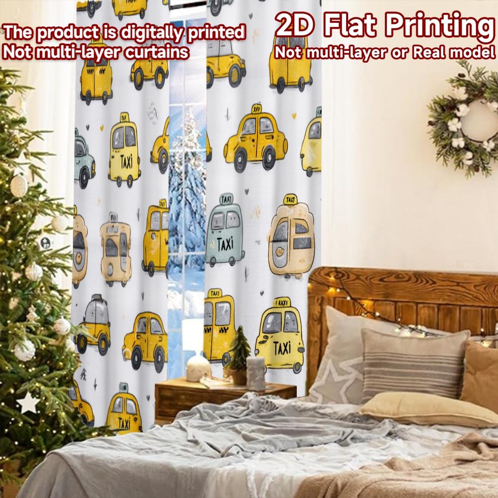 2pcs, 2D FLAT PRINTING Curtains (Without Rod) Happy Cars Holiday Printed Curtains Versatile Durable Polyester Curtains