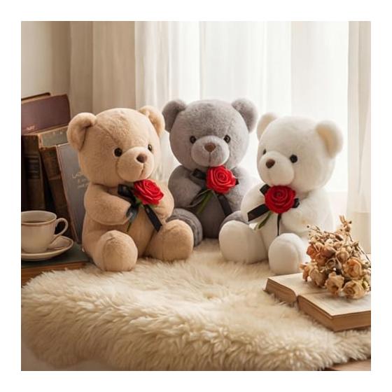 Rose Teddy Bear Plush Toy, Cute 25cm Small Size Animal Stuffed Animal, Funny Gift for Mother's Day, Valentine's Day, Celebrations (Gray)