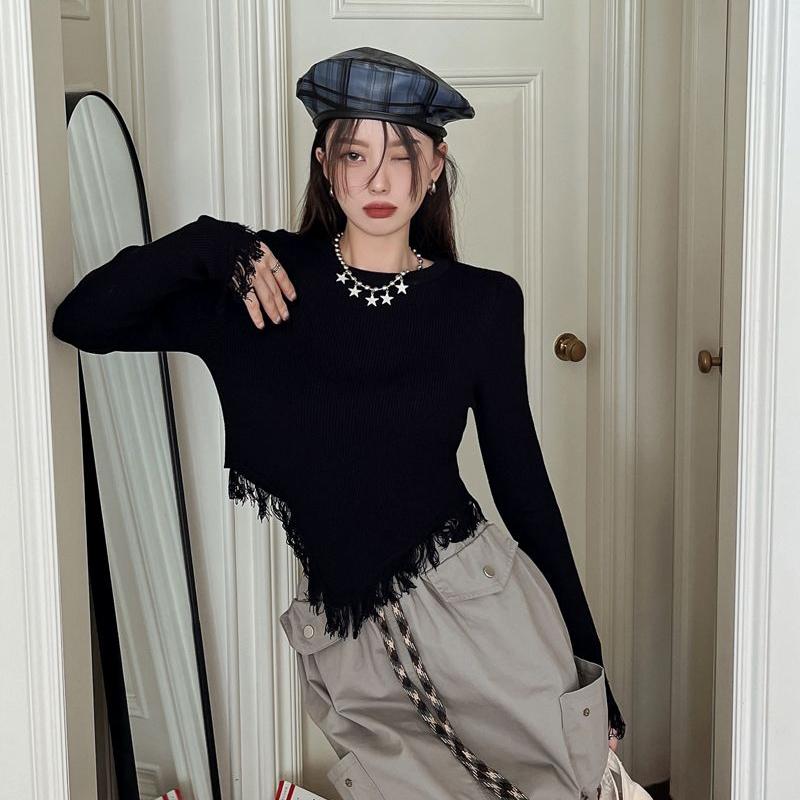 Tassel T Shirt Korean Style Solid Color Crop Top Autumn Long Sleeve Tees Slim Fashion Tshirts Femme O-neck Clothes Japanese