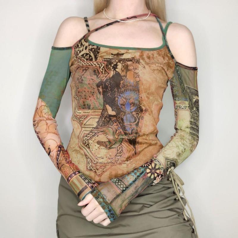French Retro Printed Mesh Long-sleeved T-shirt with Straps Slim Fit and Personalized Printed Versatile Off-shoulder Top