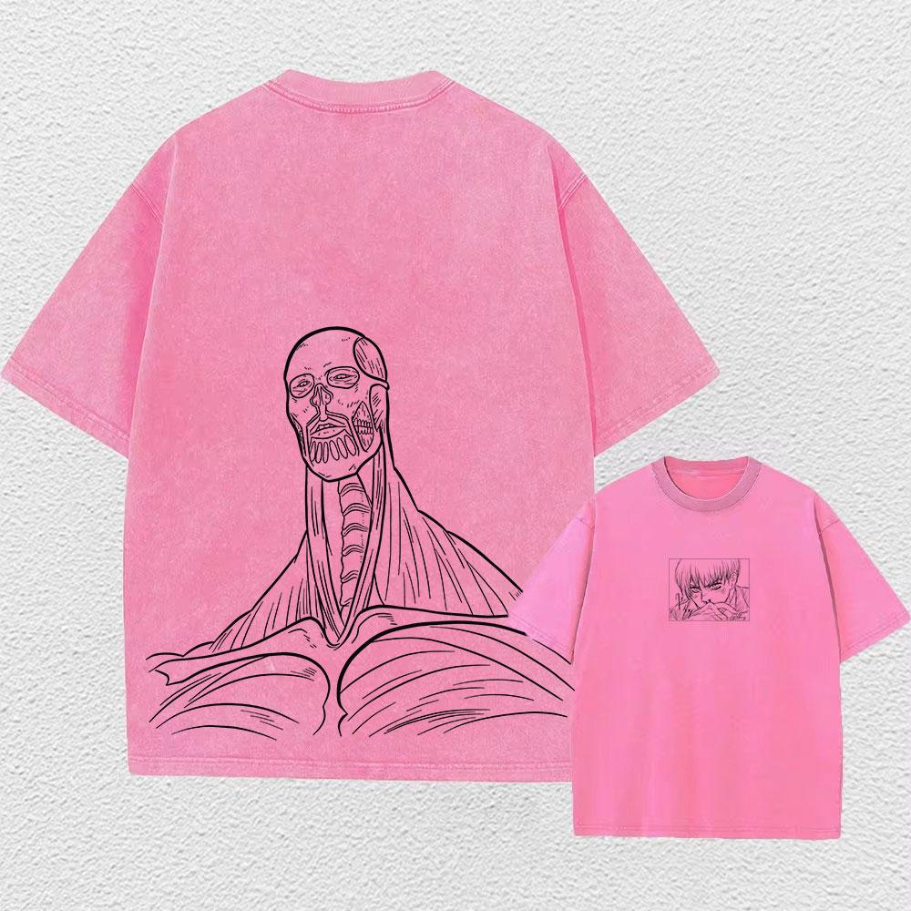 Colored Washed T-shirt Printed Retro Harajuku Top with Anime Attack Titan Graphics Neutral Summer Cotton Loose
