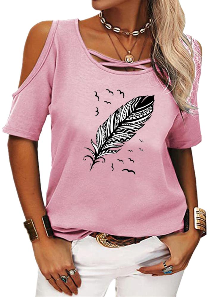 Women Fashion Short Sleeve T-shirt Casual Round Collar Summer Print Off Shoulder Top