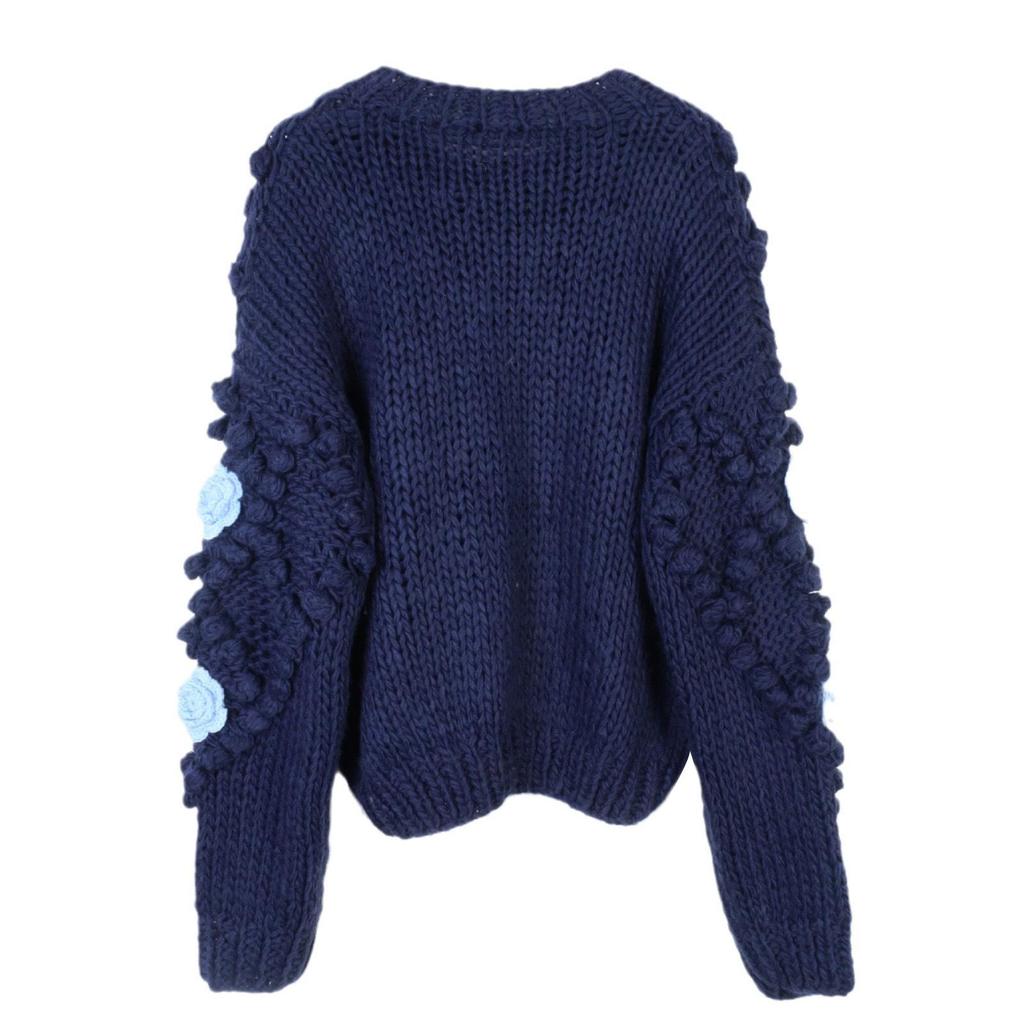 French Lazy Style Chunky Knit Cardigan with 3D Floral Crochet - Age-Reducing Autumn/Winter Sweater Coat