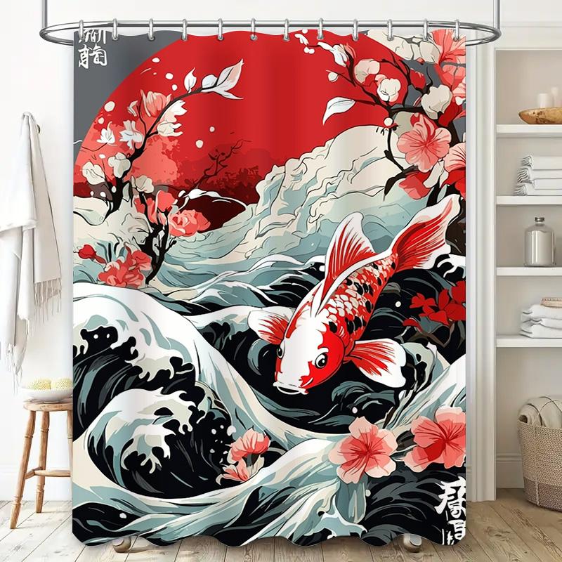 Japanese Red Fish Bath Curtainfloral Print Waterproof Shower Room Decor, Modern Style Home Decoration Wall Hanging Bathroom Cove