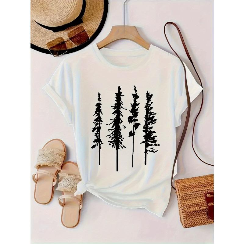 Women s Minimalist Pine Tree Graphic T-Shirt Black Forest Lines White Casual Short Sleeve Top S белый