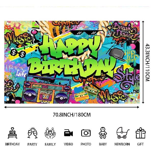 Hip Hop Birthday Banner 70.8x43.3 Inch Polyester Graffiti Colorful Party Decor with Music, Dance, Street Art Design for Birthday Parties, Hip Hop