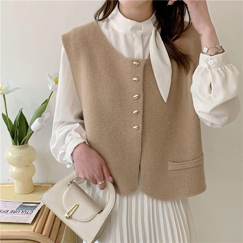 Round Neck Knitted Vest Loose Waistcoat Elegant Sweater Vest Top
