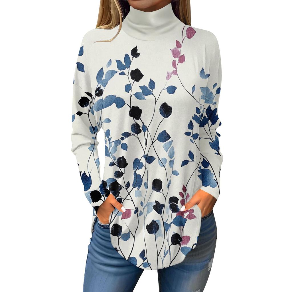 Tee Shirts For Women Fall Casual Long Sleeve Shirts Sweatshirt Vintage Printed High Neck Top Pullover