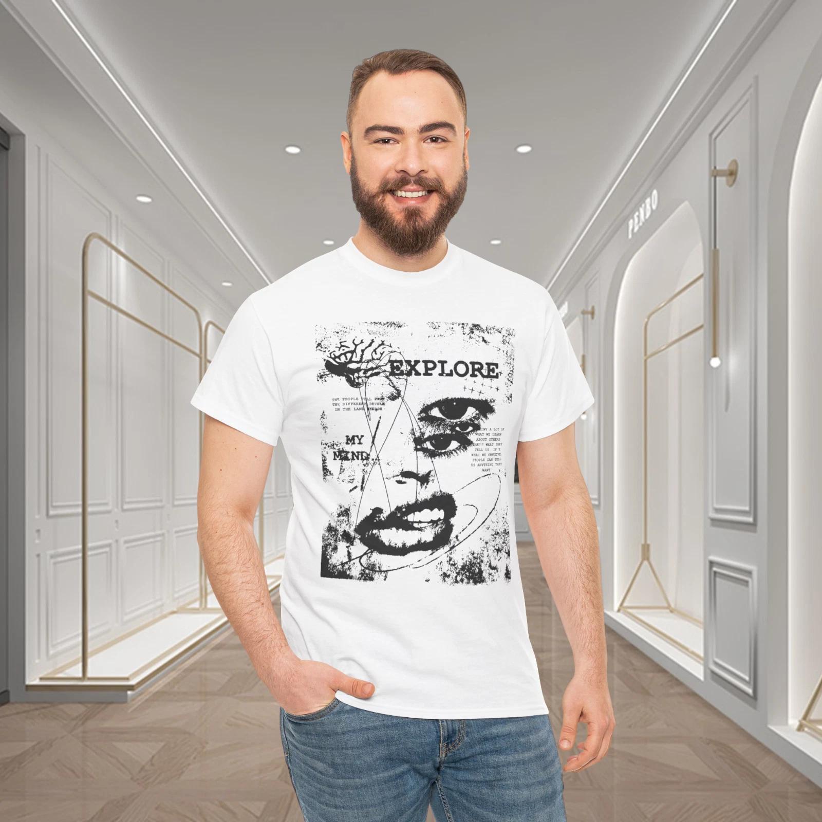 Explore My Mind Grunge Face Graphic T-Shirt Abstract Art Tee 2XL