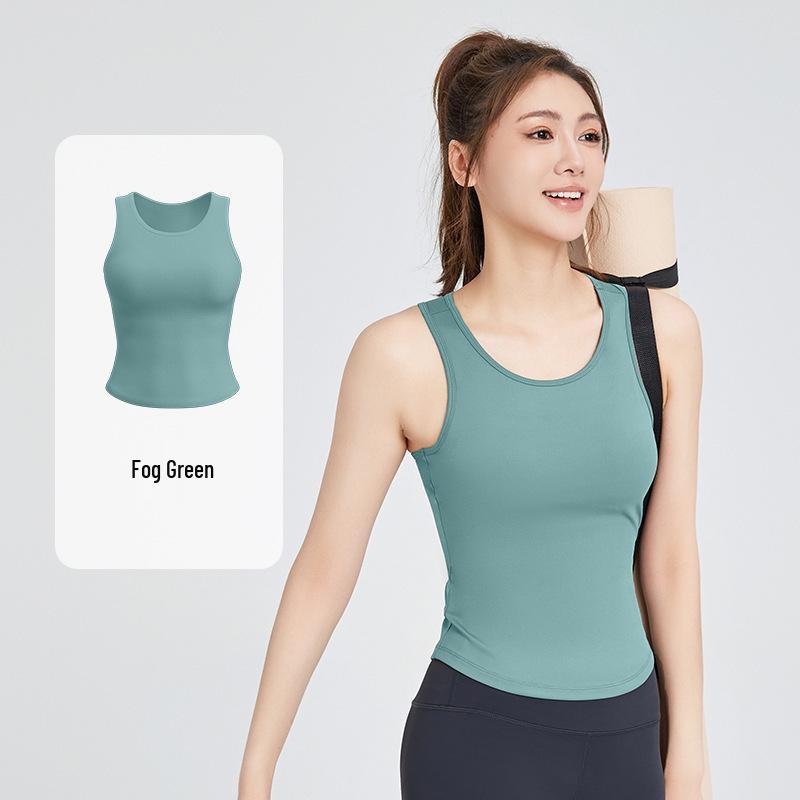 Peach Yoga Tank Top with Built-in Bra: High Elastic, Fixed Cups, Tight-Fitting, Anti-Exposure, Non-Shifting, Round Neck Sports Tank.