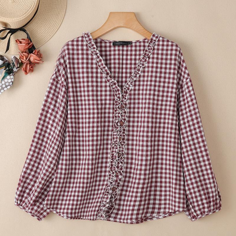 ZANZEA Women Casual V-neck Plaid Print Loose Long Sleeve Blouse