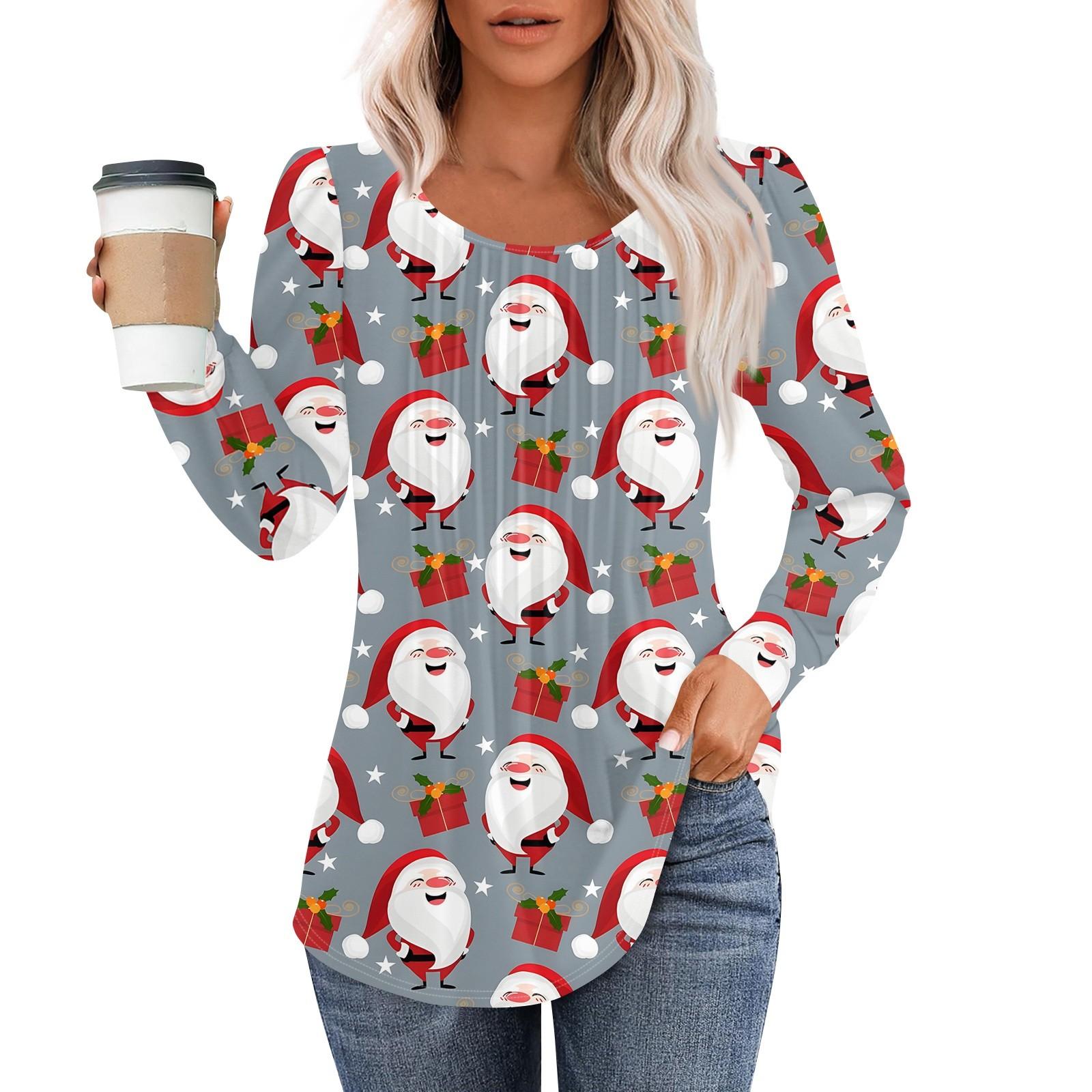 

Рубашки с длинным рукавом для женщин, топы, нарядные повседневные блузки с рождественским принтом, плиссированные туники с круглым вырезом S