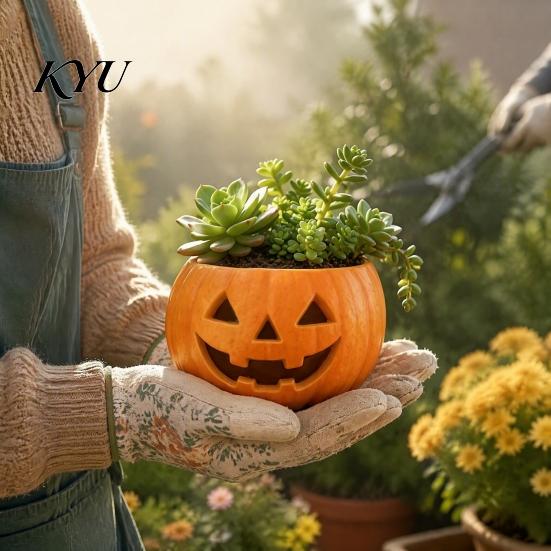 Decorative Pumpkin Container for Porch Patio Halloween Planter, Resin Jack-O-Lantern Flower Pot, Festive Ornament Entryway Plant Pot Succulents