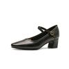 Sheepskin version French retro black high heels 2025 spring word with commuter work thick heel Mary Jane shoes