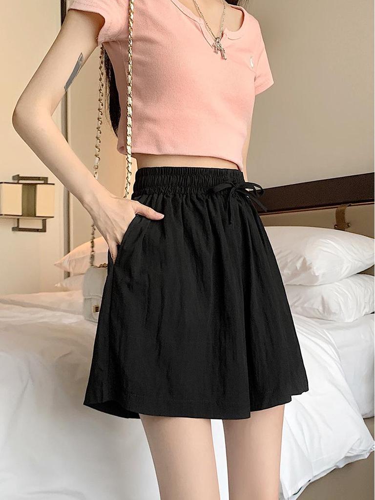 Apricot Ice Silk Women's High-Waist Casual Mid-Length Wide Leg Sports Shorts - Summer 2025