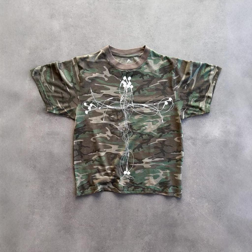 Y2K Gotycka West Coast Kamuflażowa Koszulka z Krótkim Rękawem