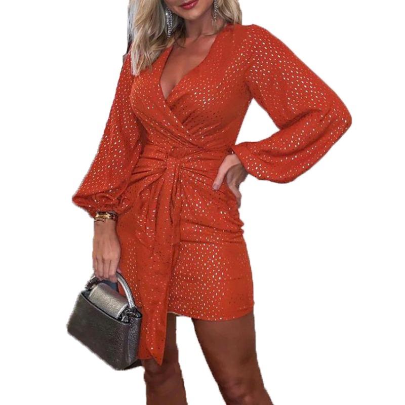 Women's Hot Gold Point V-neck Lantern Sleeve Ruffled Dress Dress Slim Sexy Lace-up Dress