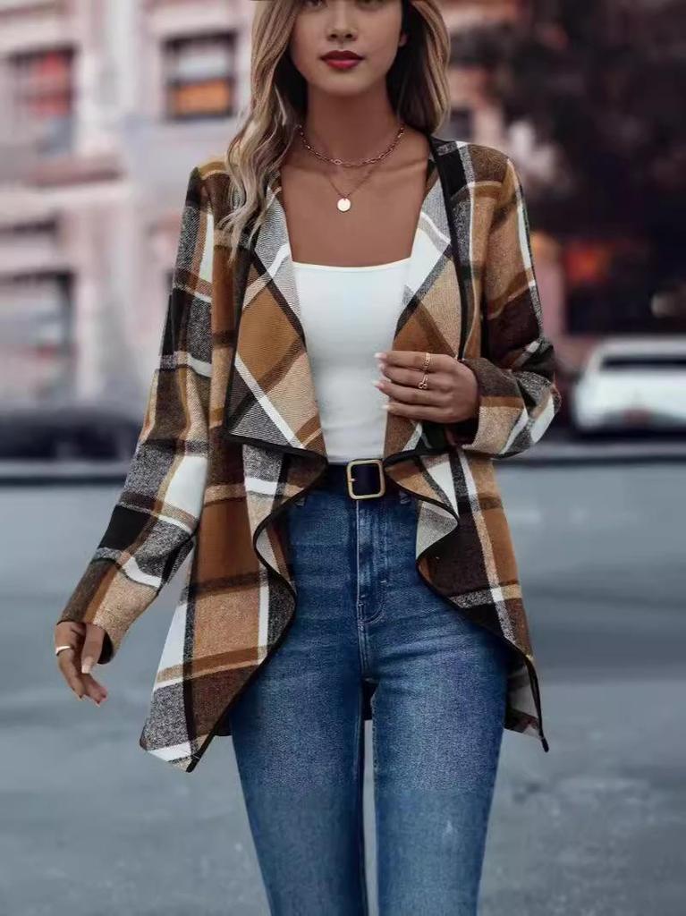 2024 Women's Plaid Print Long-sleeved Jacket - European & American Spring/Autumn Fashion
