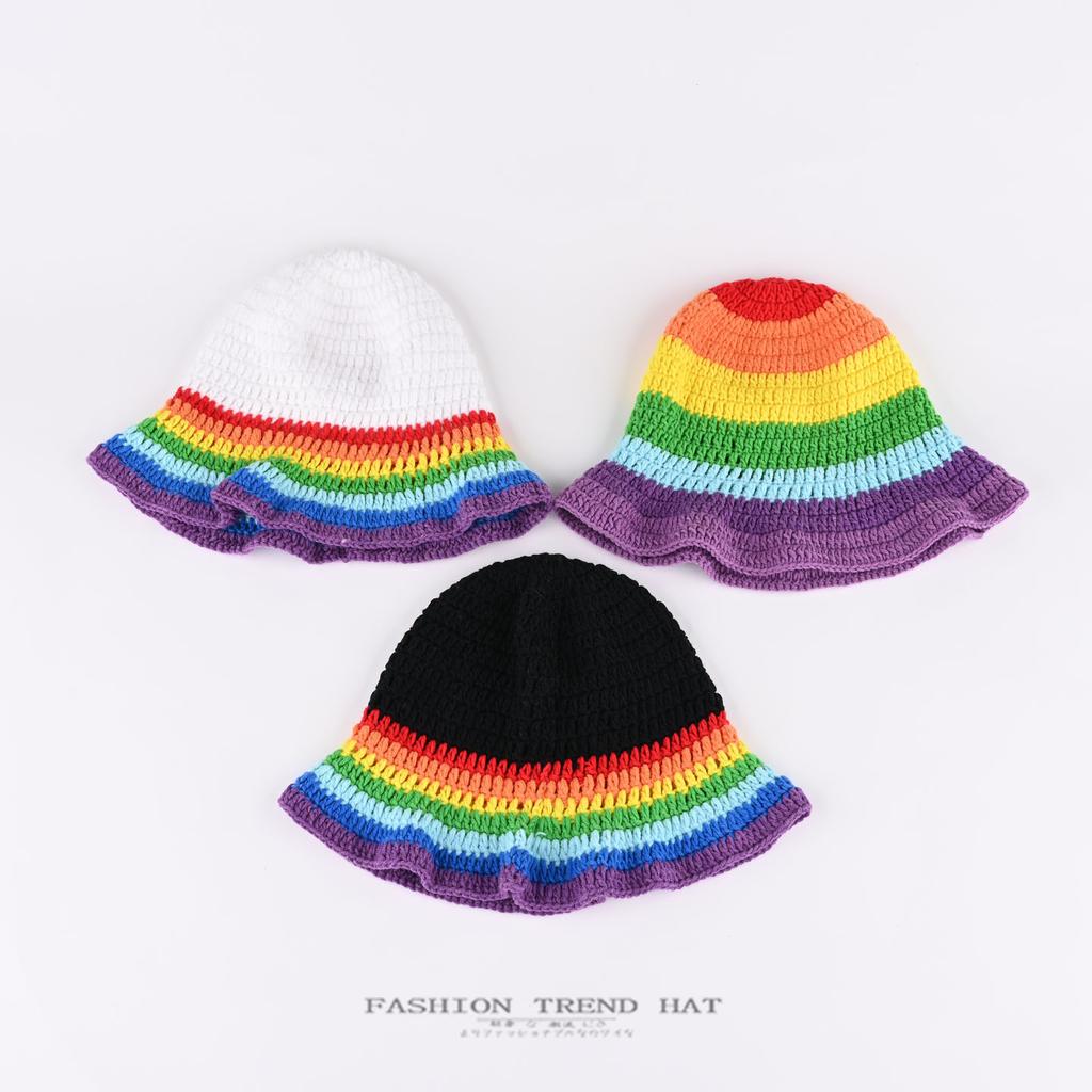 Regenbogen Farbverlauf Gestreifte Wollmütze Damen Herbst Winter Warm Ohrschutz Fischerhut Handgehäkelt Gestrickte Schirmmütze