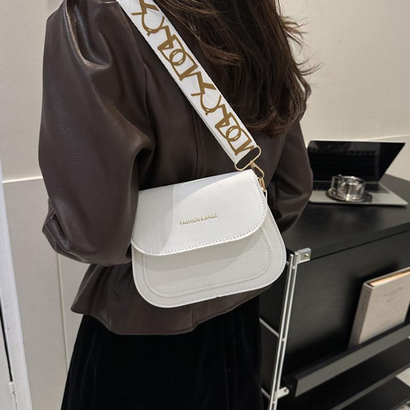 Simple PU Leather Saddle Shoulder Bags Solid Color Crossbody Bag Wide Strap Flap Purse and Handbag For Women Girls AVE