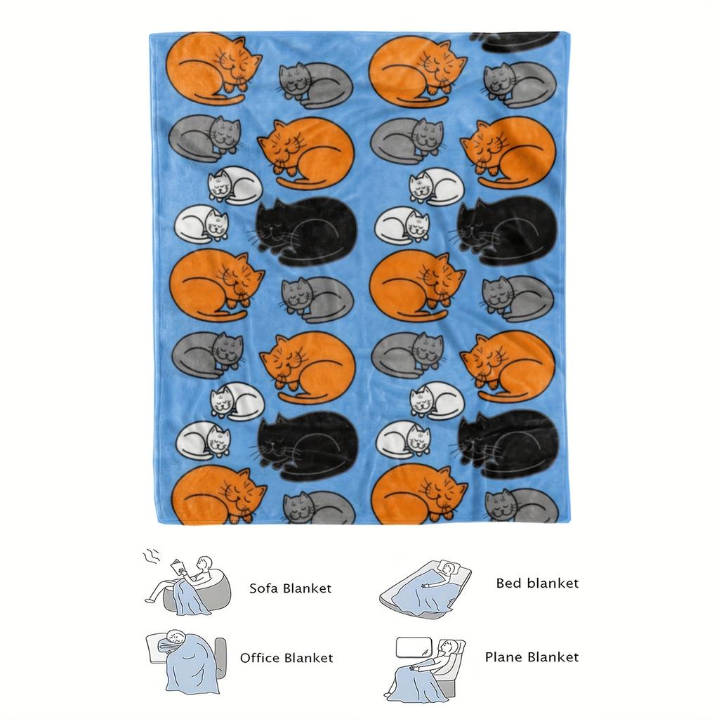 Cozy Cat Pattern Fleece Blanket - Soft Breathable Polyester, High-Definition Digital Print with Playful Sleeping Cats in