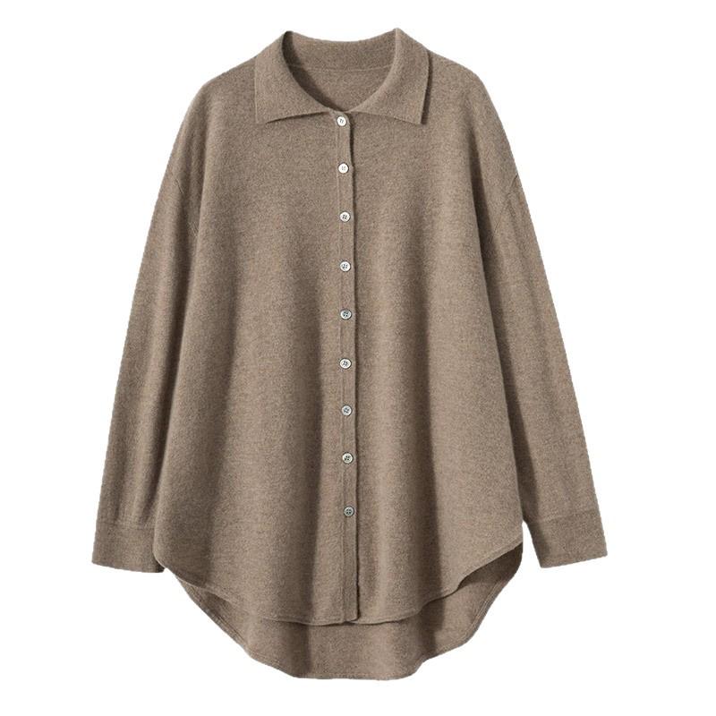 Women's Mid-Length Cashmere Cardigan Sweater - Autumn/Winter Style with POLO Collar