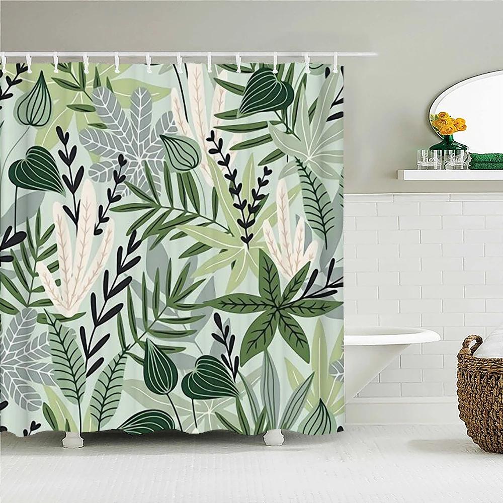 Tropical Plant Leaves Bath Curtain Waterproof Fabric Shower Curtains Colorful Palm Leaf Print Bathtub Screen for Bathroom Decor