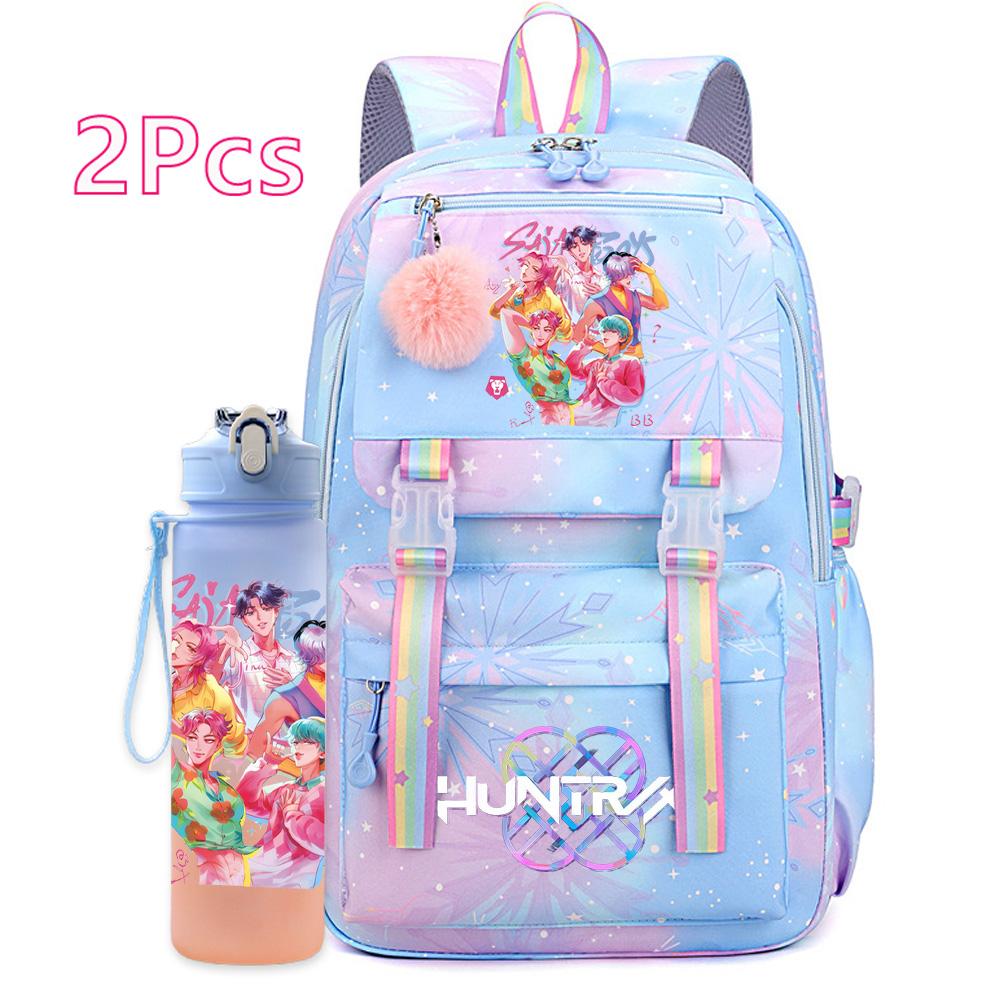 2Pcs/set Anime K-pop Printed Backpack with 750Ml Water Bottler Large Capacity Travel Bag for Teenager Girl Boy Bookbag Kid Gift Large Capacity Bag