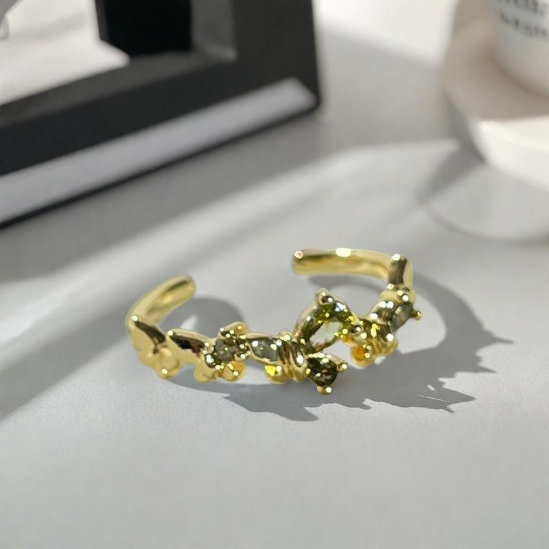 Court Style Retro Olive Green Zircon Colored Treasure Open Ring Ring Simple Light Luxury Niche Design Stacked Ring Woman